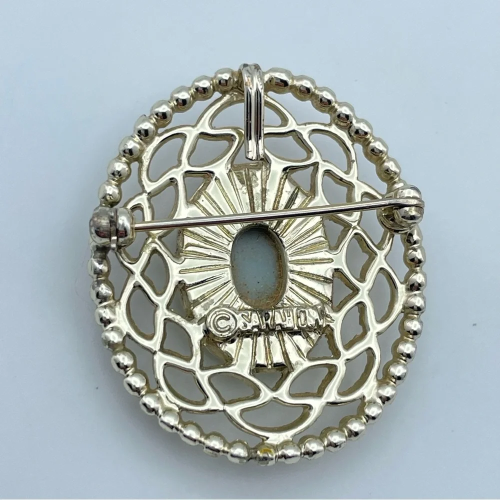 Vintage Sarah Coventry Gold Filigree Blue Cameo Brooch Pin Oval